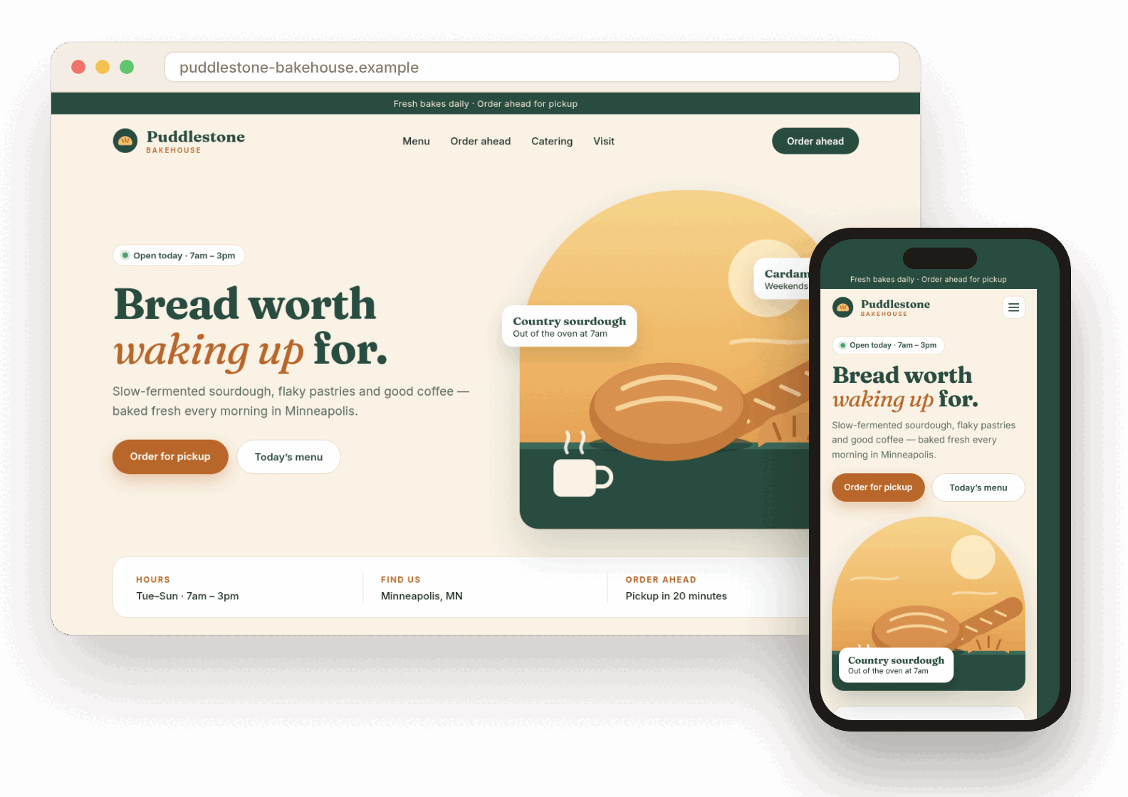 Example website design by SiteHearth for a fictional bakery, shown on a desktop browser and a phone